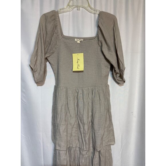 Kings Road Womens Beige Tiered Maxi Dress W/Square Neck & Puff Sleeves L - Picture 2 of 7